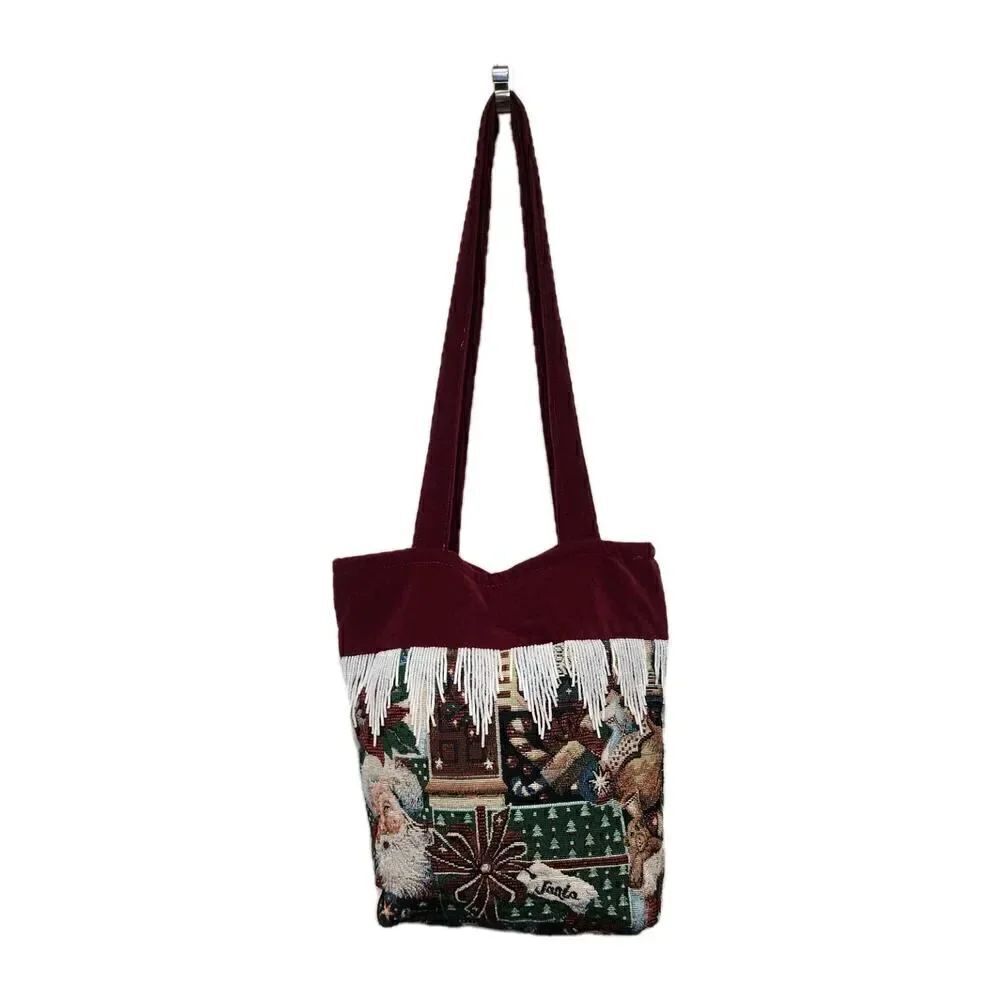 Vintage Christmas Art Tapestry Purse Tote Bag Beaded Fringe Xmas Santa Velvet